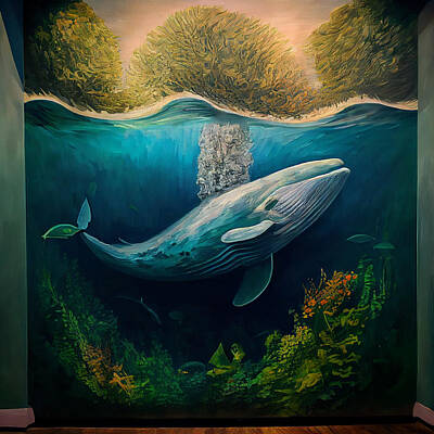 Recently Sold - Surrealism Painting Royalty Free Images - Wyland  Whaling  wall  global  ocean  visible  bottom by Asar Studios Royalty-Free Image by Celestial Images