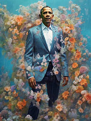 Politicians Paintings - young  handsome  Barack  Obama  dressed  in  a  floral  by Asar Studios by Celestial Images