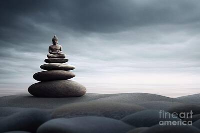 Thomas Kinkade - Zen scene, with relaxing stacked stones. Ai generated. by Joaquin Corbalan