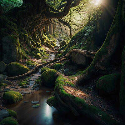 Surrealism Paintings - an  epic  picture  of  ancient  forest  pathway  by  a   by Asar Studios by Celestial Images