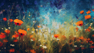 Abstract Flowers Paintings - moody  abstract  field  of  flowers  by Asar Studios by Celestial Images