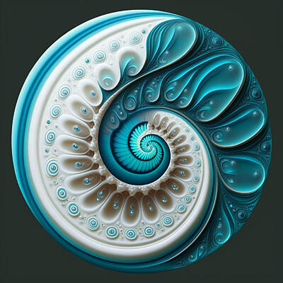 Recently Sold - Abstract Drawings - Fibonacci Sequence Spiral in Turquoise Blue White by RAGANA Design