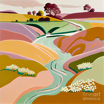 Abstract Landscape Digital Art - abstract  field  with  flowers  rolling  hills  by Asar Studios by Celestial Images