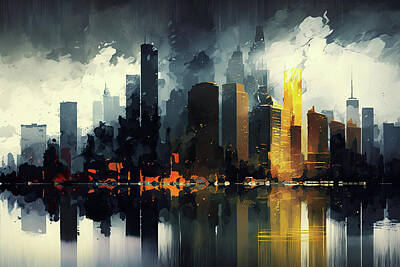 Abstract Skyline Photos - Generative AI illustration digital abstract impressionism painti by Matthew Gibson