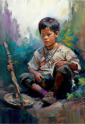 Impressionism Digital Art - Navajo  Boy  Beautiful  Impressionist  oil  painting by Asar Studios by Celestial Images