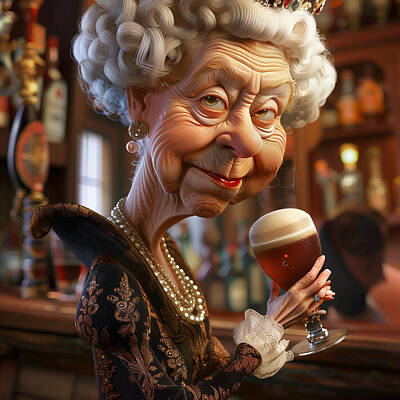 Beer Royalty-Free and Rights-Managed Images - Queen Elizabeth II Caricature by Stephen Smith Galleries