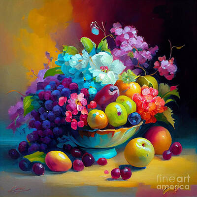 Still Life Digital Art Royalty Free Images - Still  Life  Fruits  and  Flowers  oil  on  canvas  by Asar Studios Royalty-Free Image by Celestial Images