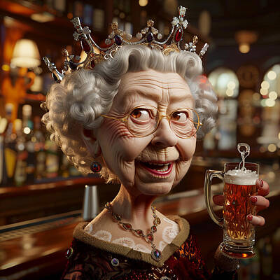 Beer Royalty-Free and Rights-Managed Images - Queen Elizabeth II Caricature by Stephen Smith Galleries