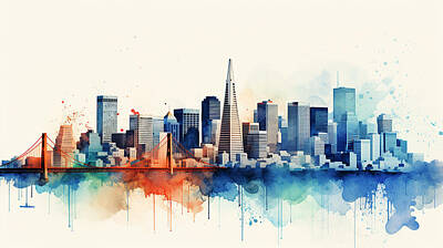 Skylines Mixed Media - San Fransisco Skyline Watercolour #18 by Stephen Smith Galleries