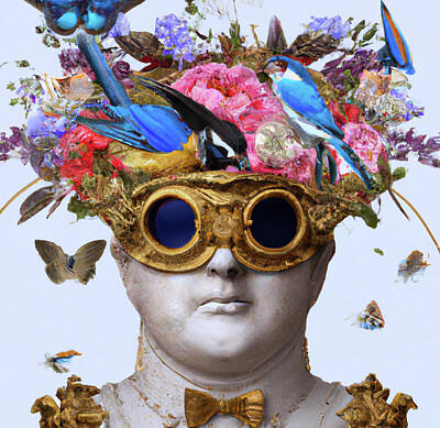 Steampunk Paintings - Steampunk Woman with Floral Top Hat, Goggles Portrait 04 Print by Ricki Mountain
