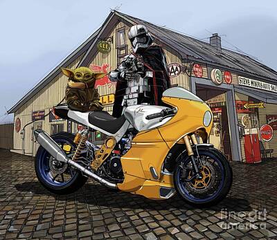 Drawings Royalty Free Images - 18 Baby And Trooper Mu Motorcycle Orange Fairing In Front Of Old Gas Station Royalty-Free Image by Drawspots Illustrations