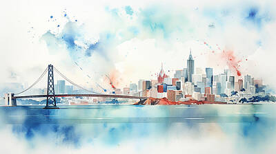 City Scenes Mixed Media - San Fransisco Skyline Watercolour #19 by Stephen Smith Galleries