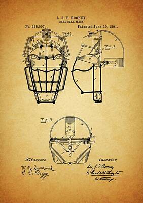 Baseball Drawings - 1891 Baseball Mask Patent by Dan Sproul