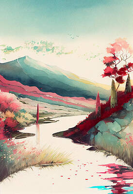 Landscapes Digital Art - landscape  inspired  by  Yuko  Naama  watercolor  by Asar Studios by Celestial Images