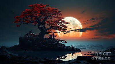 Surrealism Paintings - the tree with the big moon over it is by Asar Studios by Celestial Images