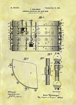 Rock And Roll Drawings - 1900 Band Drum Patent  by Dan Sproul