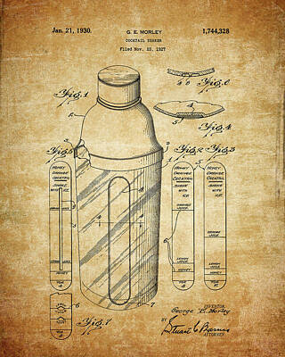 Food And Beverage Drawings - 1930 Cocktail Shaker Patent by Dan Sproul