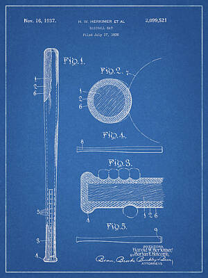 Baseball Drawings - 1937 Baseball Bat Patent Blueprint by Dan Sproul