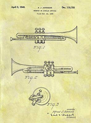 Jazz Drawings - 1940 Trumpet Patent by Dan Sproul