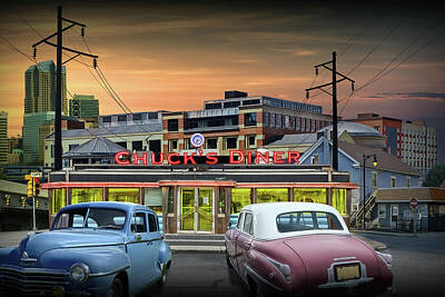 Randall Nyhof Royalty-Free and Rights-Managed Images - 1950s Style Urban Diner with Vintage Automobiles by Randall Nyhof