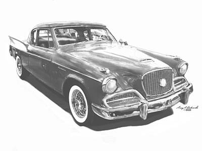 Landscapes Drawings - 1958 Studebaker Golden Hawk Ink BW by Gary F Richards