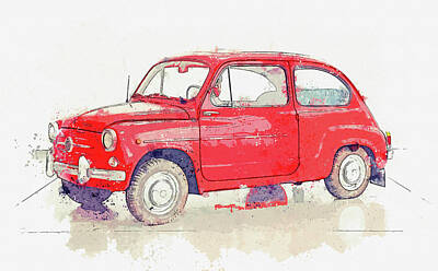 Green Grass - 1964 Steyr-Fiat 600 D  - Watercolor ca 2020 by Ahmet Asar by Celestial Images