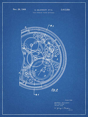 Steampunk Drawings - 1968 Spring Winding Watch Patent by Dan Sproul