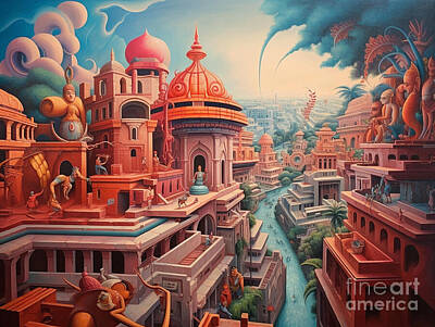 Surrealism Paintings - 3d surreal sita ram painting of the Delhi Durba by Asar Studios by Celestial Images