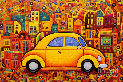 City Scenes Royalty-Free and Rights-Managed Images - 3d very bright and colorful big yellow car mini by Asar Studios by Celestial Images