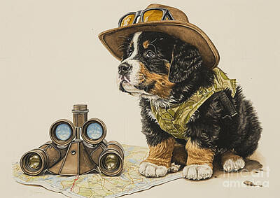 Uncle Sam Posters - A baby Bernese Mountain Dog dressed as a safari explorer with a hat by Adrien Efren