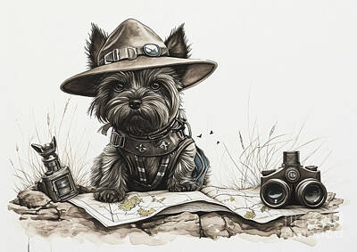 Dental Art Collectables For Dentist And Dental Offices Rights Managed Images - A baby Scottish Terrier dressed as a safari explorer with a hat Royalty-Free Image by Adrien Efren