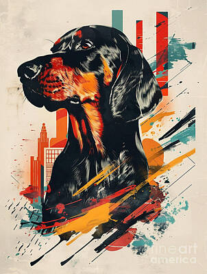 Best Sellers - Abstract Skyline Drawings Rights Managed Images - A graphic depiction of Black And Tan Coonhound Dog Royalty-Free Image by Clint McLaughlin
