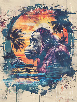 Surrealism Drawings - A graphic design of Orangutan Wild animal by Clint McLaughlin