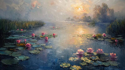 Lilies Digital Art - A serene morn ng scene by a l ly pond captur ng 2aa34ae5-dd77-4c58-8fba-84a0950f86c7 by Romed Roni