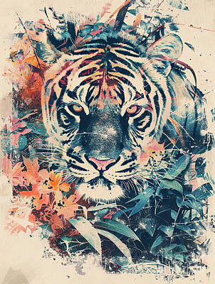 Florals Drawings - A vibrant mix of Tiger Forest animal by Clint McLaughlin