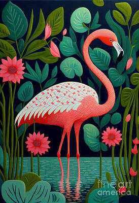 Landmarks Digital Art - American  pink  flamingo  nature  flowers  by Asar Studios by Celestial Images