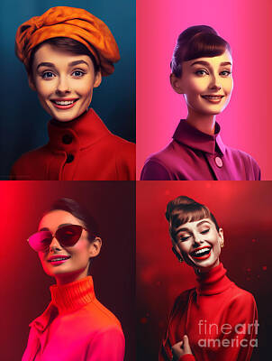 Actors Paintings - Audrey  Hepburn  happy  and  smiling  Surreal  Cinema  by Asar Studios by Celestial Images