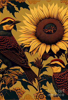 Sunflowers Digital Art - bees  and  birds  in  the  sunflowers  in  the  style  by Asar Studios by Celestial Images