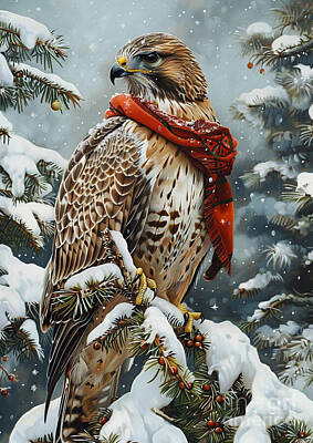 Birds Drawings Royalty Free Images - Christmas Hawk Xmas animal holiday Merry Christmas Royalty-Free Image by Clint McLaughlin