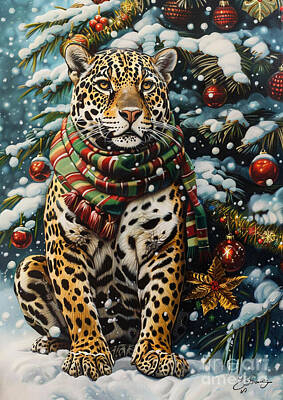 Drawings Rights Managed Images - Christmas Jaguar Xmas animal holiday Merry Christmas Royalty-Free Image by Clint McLaughlin