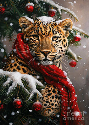 Animals Drawings - Christmas Leopard Xmas animal holiday Merry Christmas by Clint McLaughlin