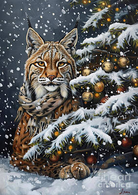Animals Drawings - Christmas Lynx Xmas animal holiday Merry Christmas by Clint McLaughlin