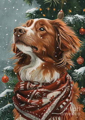 Birds Drawings Rights Managed Images - Christmas Nova Scotia Duck Tolling Retriever Xmas animal holiday Merry Christmas Royalty-Free Image by Clint McLaughlin