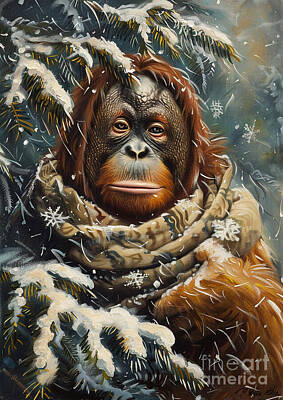 Animals Drawings - Christmas Orangutan Xmas animal holiday Merry Christmas by Clint McLaughlin