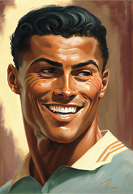 Athletes Painting Rights Managed Images - Cristiano  Ronaldo  happy  smiling  oil  painting  in  by Asar Studios Royalty-Free Image by Celestial Images