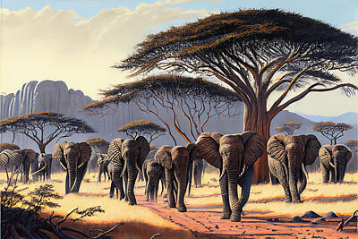 Animals Paintings - ELEPHANTS  OF  SAMBURU  in  a  Jack  Kirby  style  gent  by Asar Studios by Celestial Images