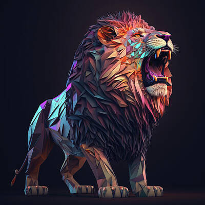 Shaken Or Stirred - Generative AI Illustration of low polygonal Lion roaring with mo by Matthew Gibson