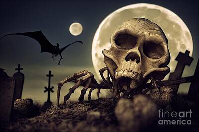 Watercolor Sea Shells - Halloween skeletons in the cemetery by Benny Marty