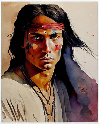 Landmarks Digital Art - Handsome  young  native  American  Indian  Post  Impr  by Asar Studios by Celestial Images
