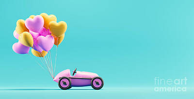 Royalty-Free and Rights-Managed Images - Heart balloons tied to toy car. by Michal Bednarek